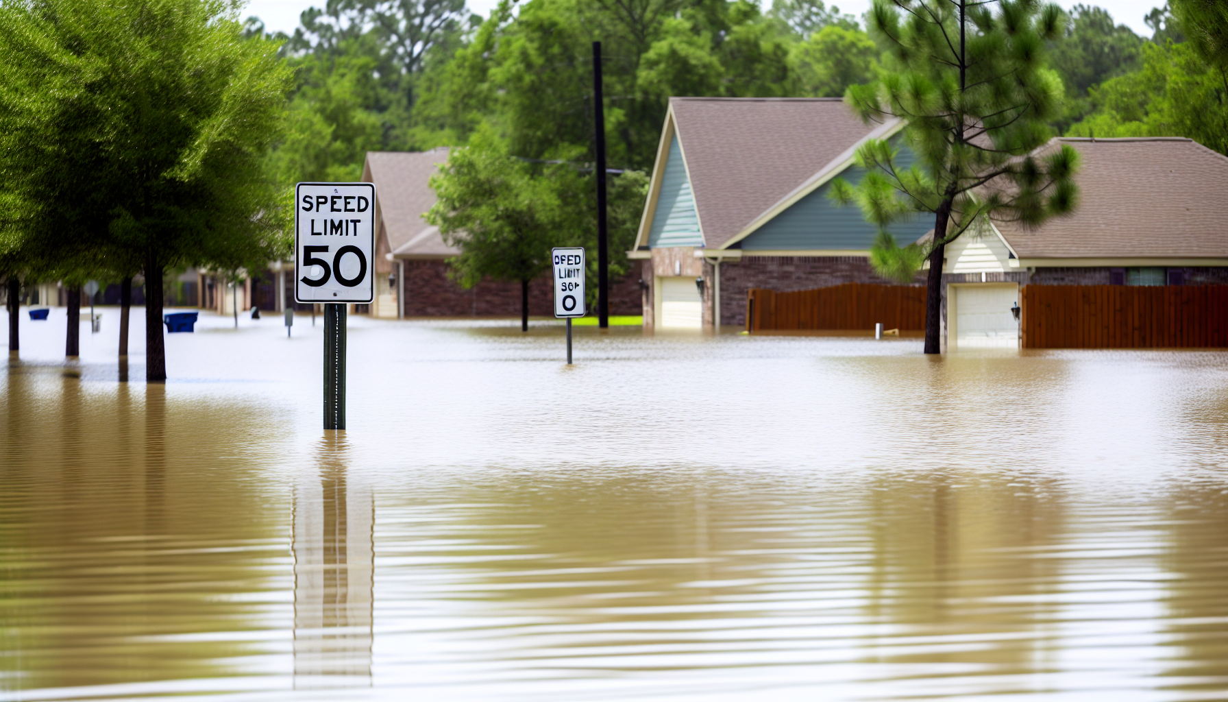 Flooded neighborhood. Flood waters cover a speed limit sign, houses in the background. 
