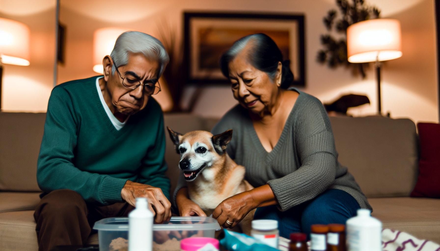 An older couple prepares a kit for their dog, sitting near them