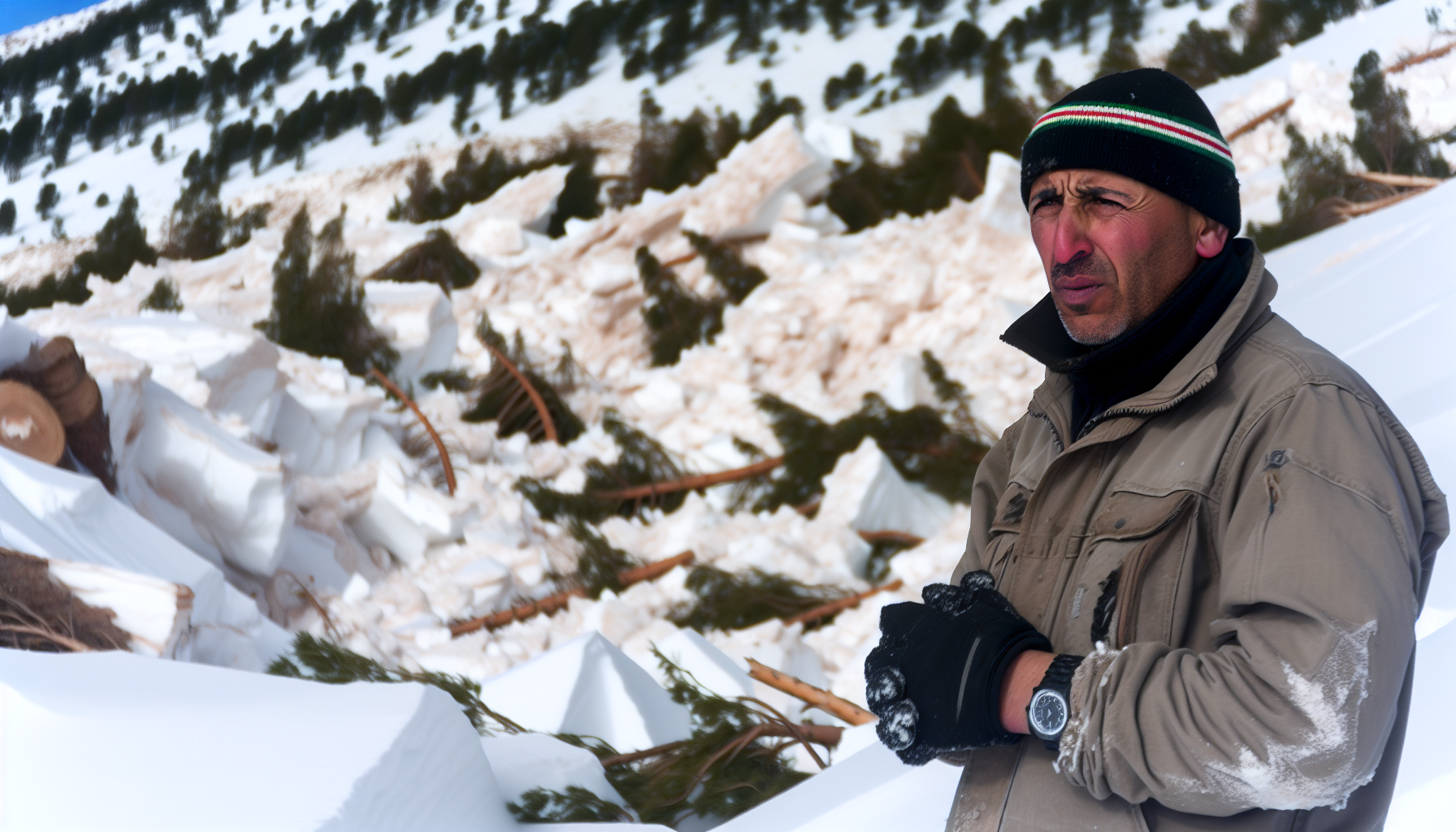 a man surveys damage after an avalanche