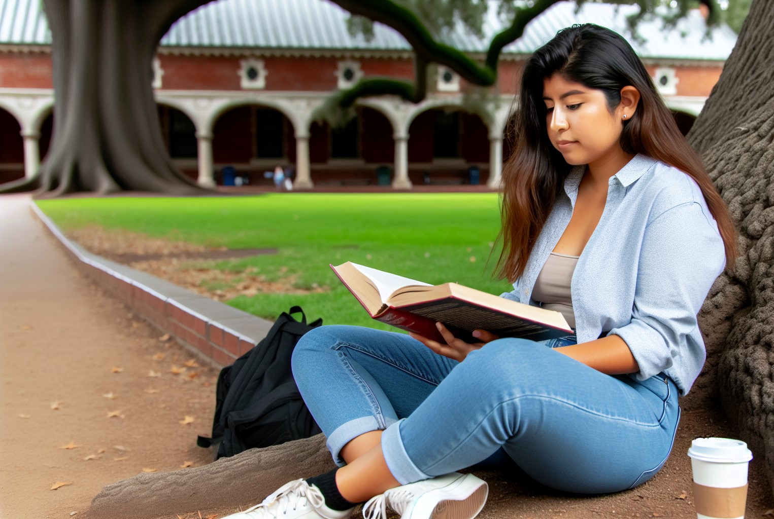 a college student reading a book on campus