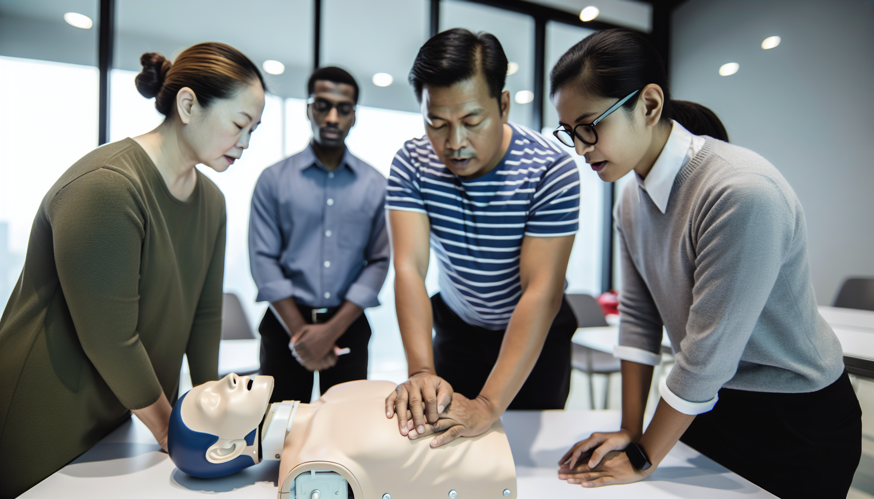 People learning CPR on a dummy. 