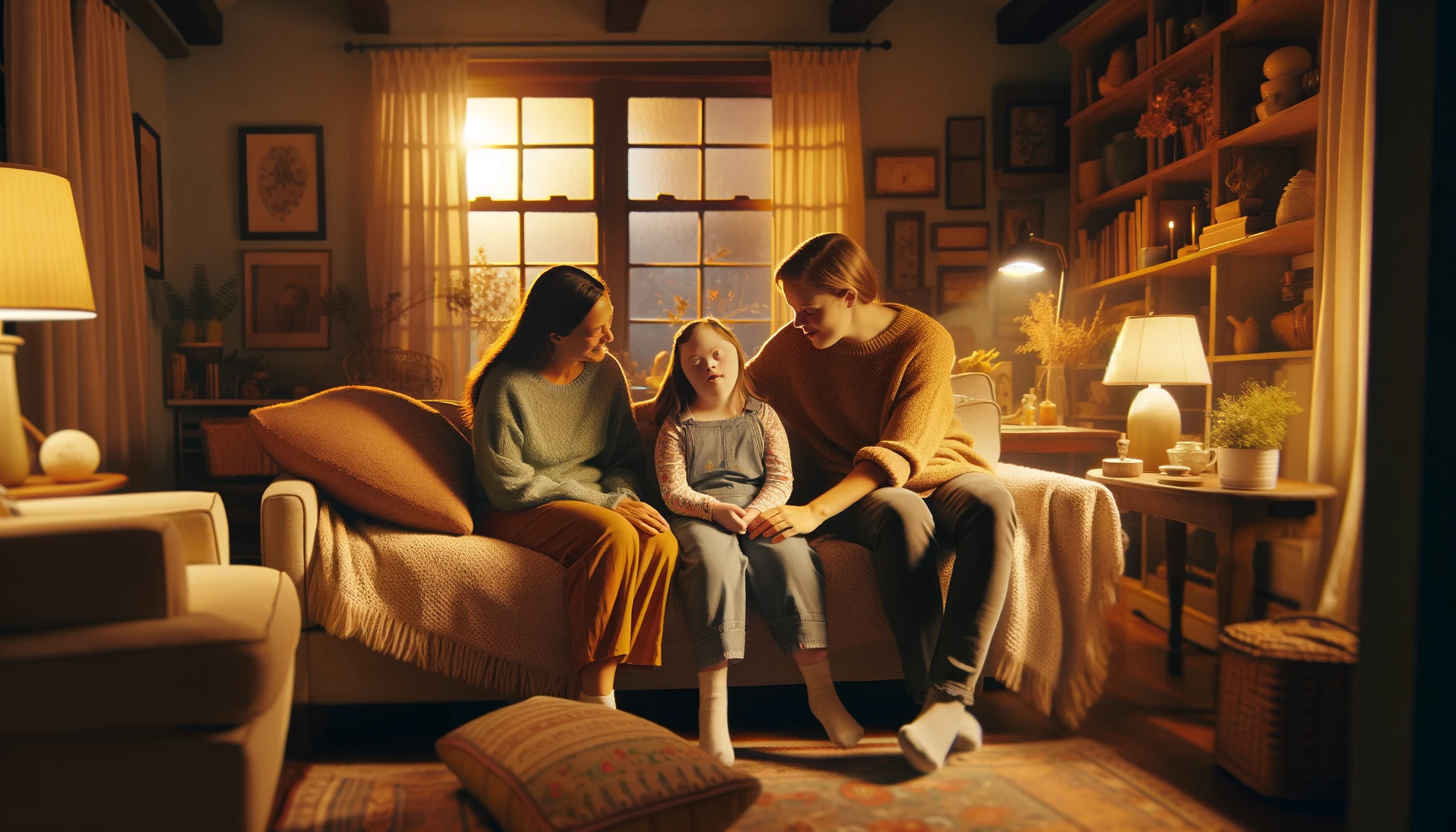 A warmly lit living room scene where a young girl with Down syndrome is seated comfortably on a plush couch, flanked by her caring mother and attentive brother, all engaged in a bonding family moment.