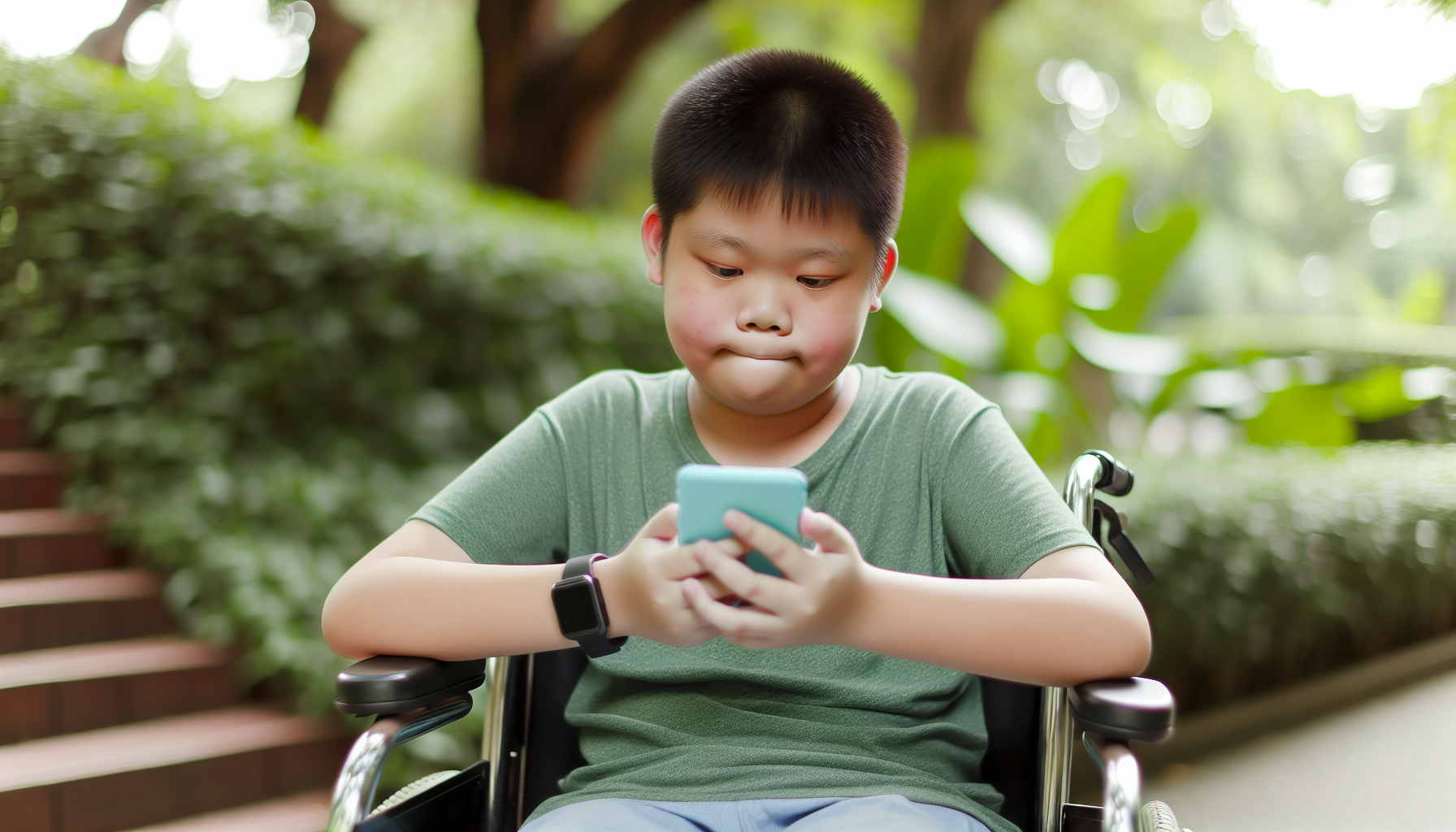 A boy sits in his wheelchair looking at his smart phone. 