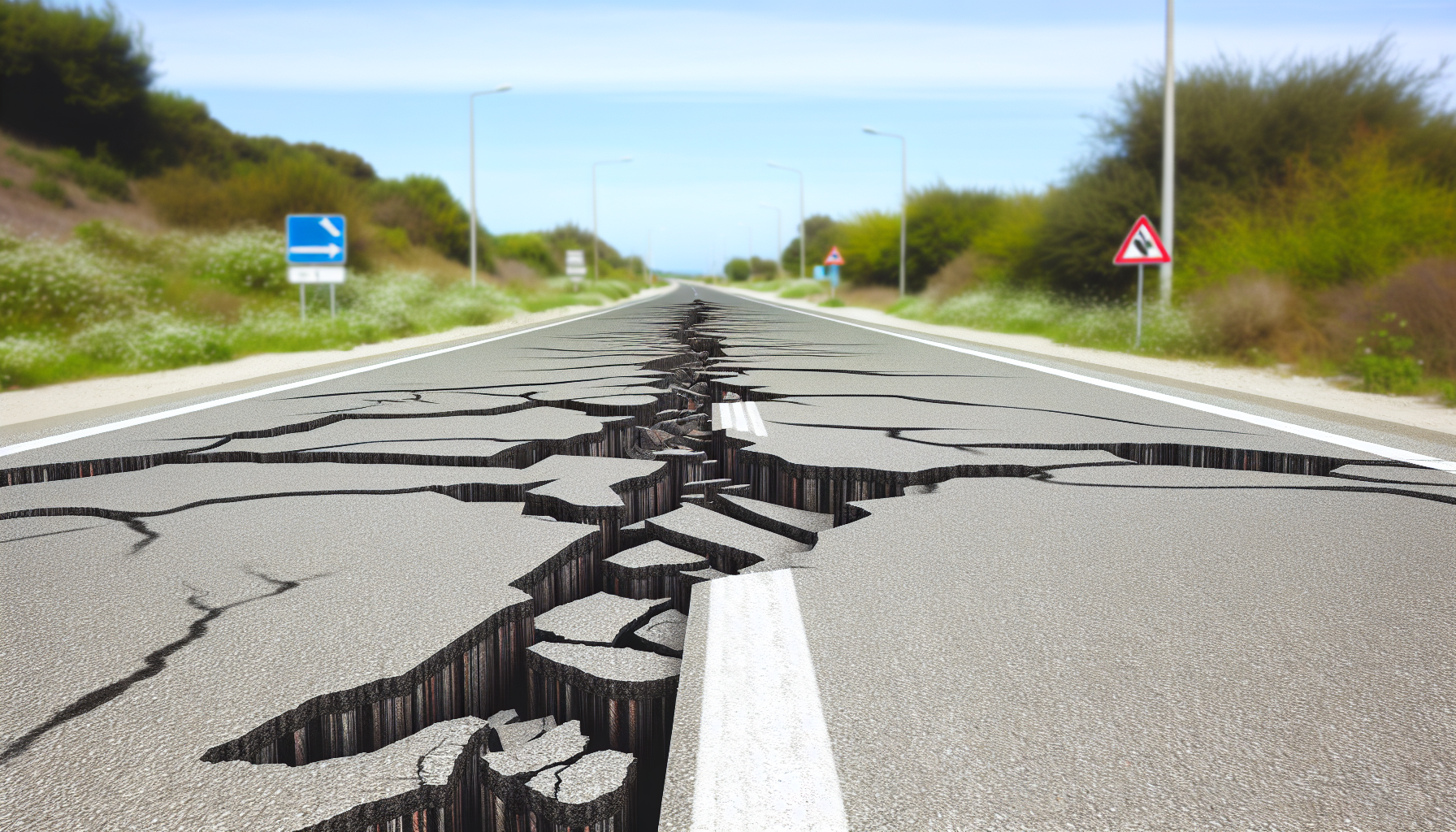 A road has a crack down the center, where the road has crumbled after an earthquake.