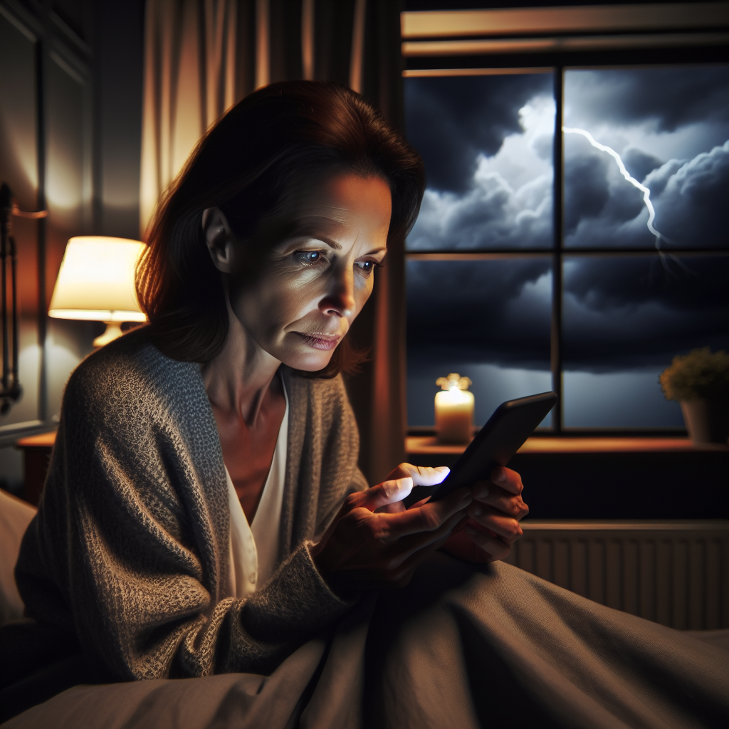 An illustration of a woman seated on her bed, intently looking at her smartphone, symbolizing the receipt of an emergency alert.