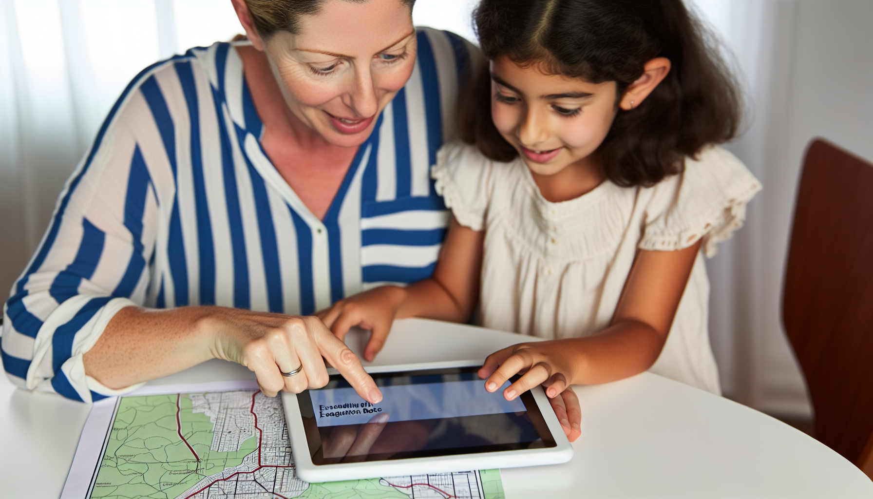 A mother and daughter look at a map and plan an evacuation route using a tablet device with a keyboard