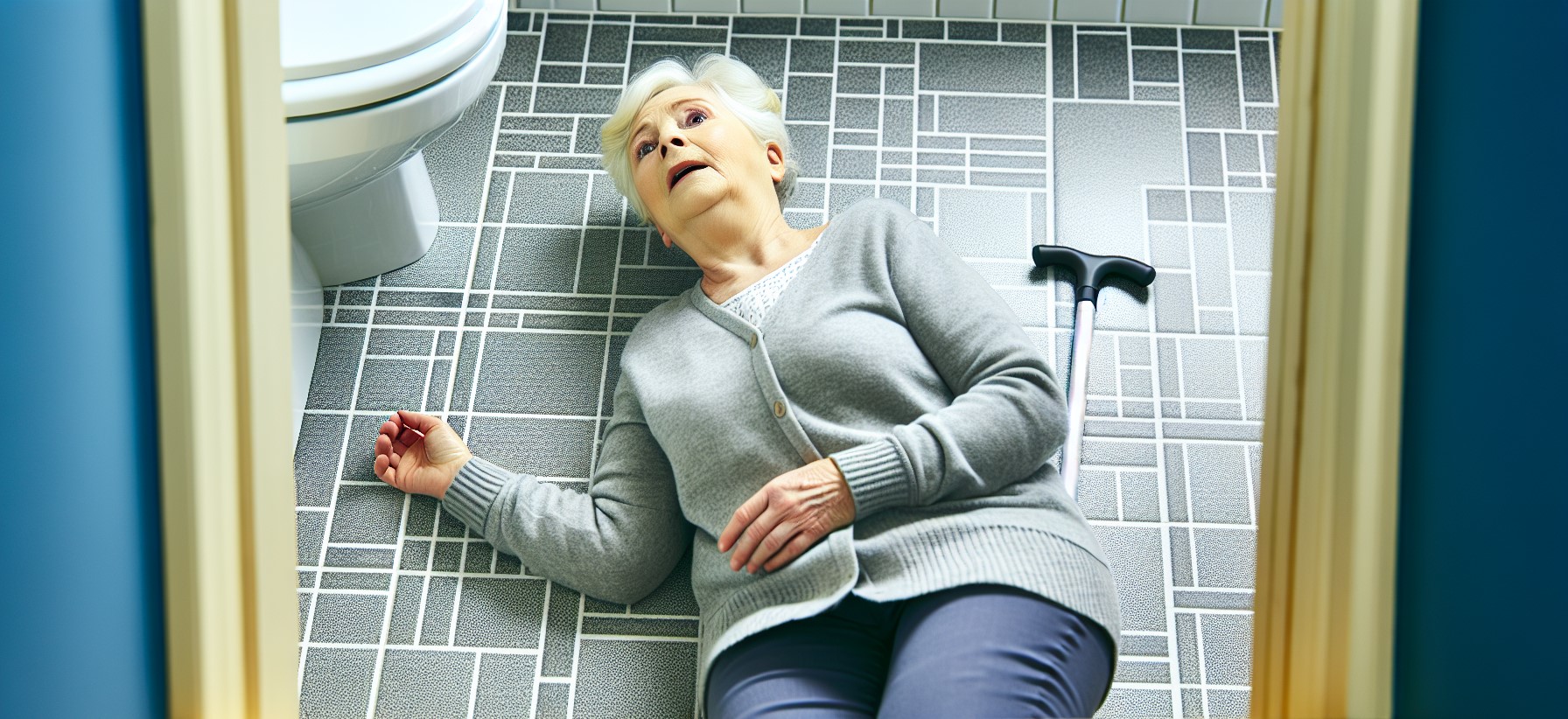 An elderly woman on the bathroom floor after falling. 