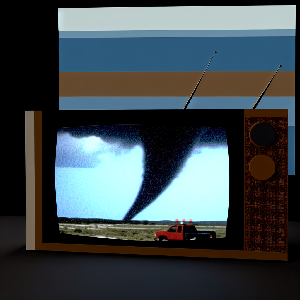 Illustration of a television screen displaying an Emergency Alert System message from the National Weather Service, including a tornado warning for specific counties.