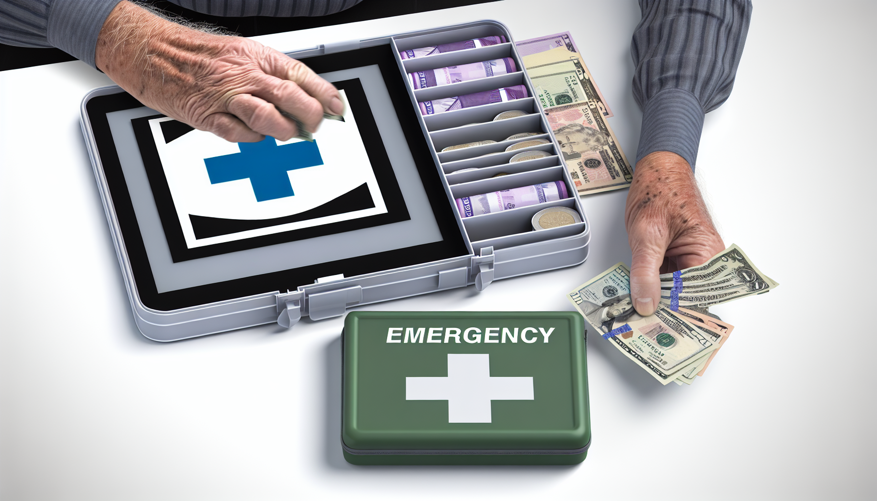 an emergency financial first aid kit and an elderly person's hands counting out money