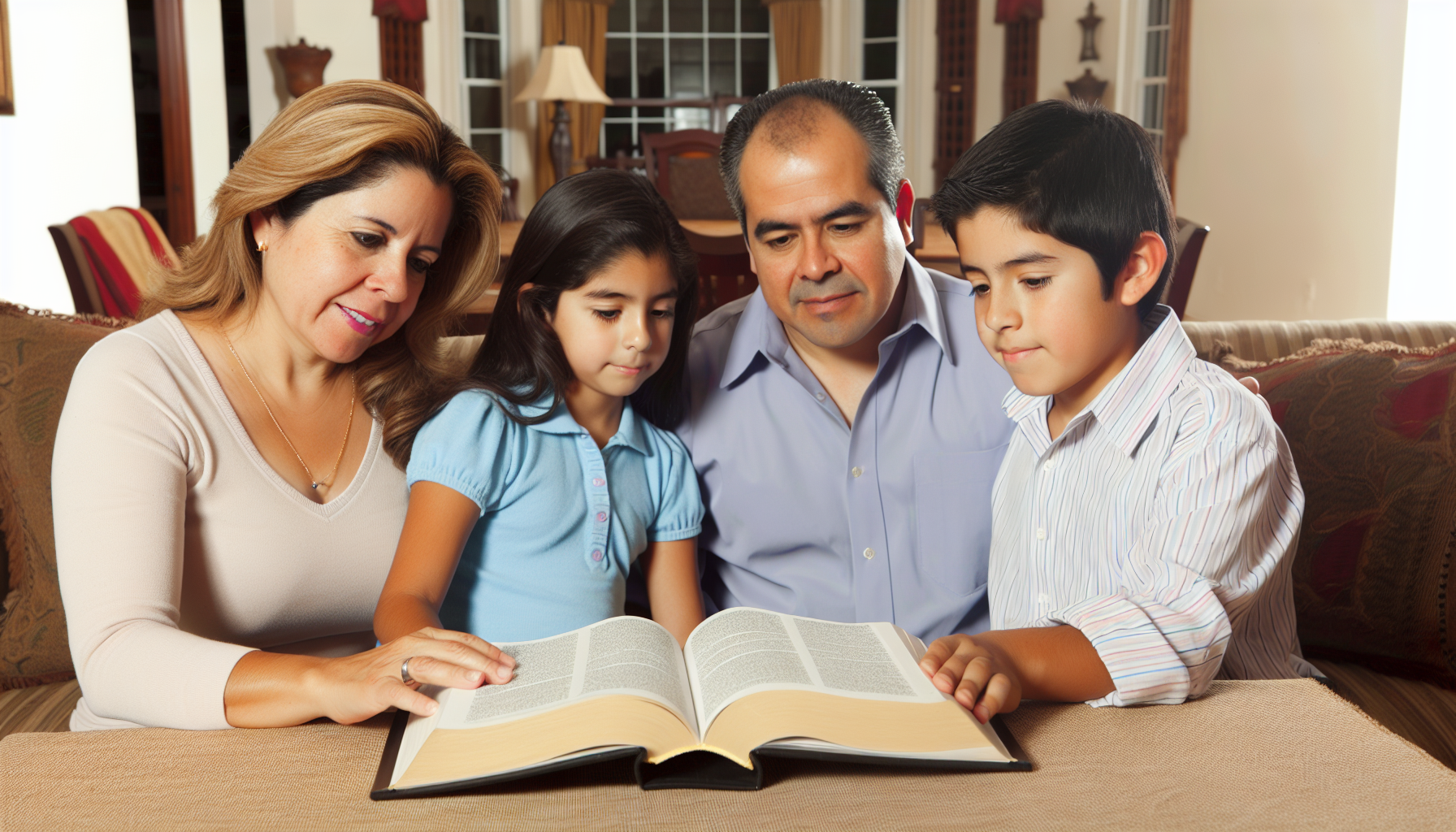 A Hispanic family looks at a book together. 