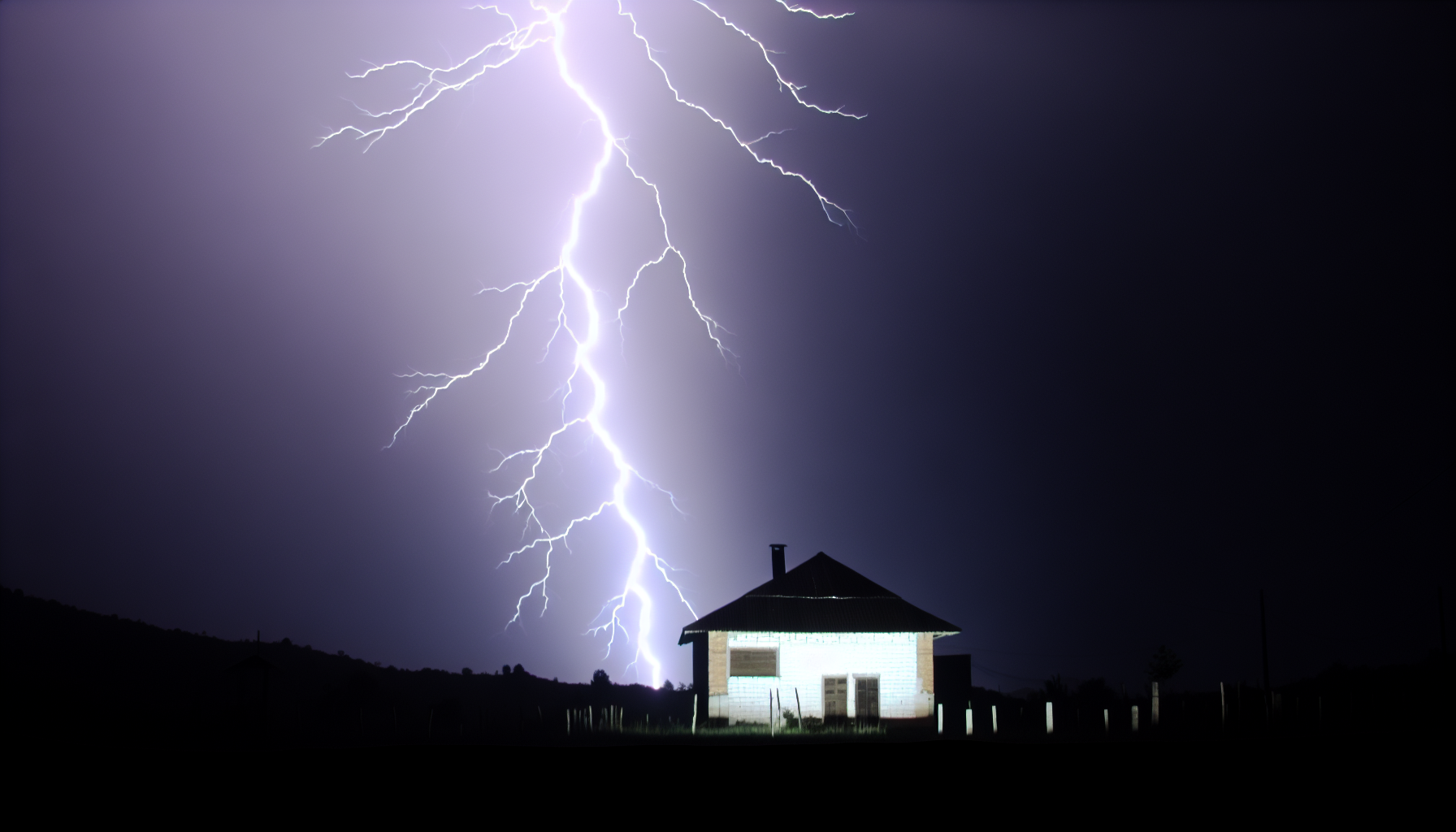 Image shows a lightning bolt striking in the background of an apartment building.