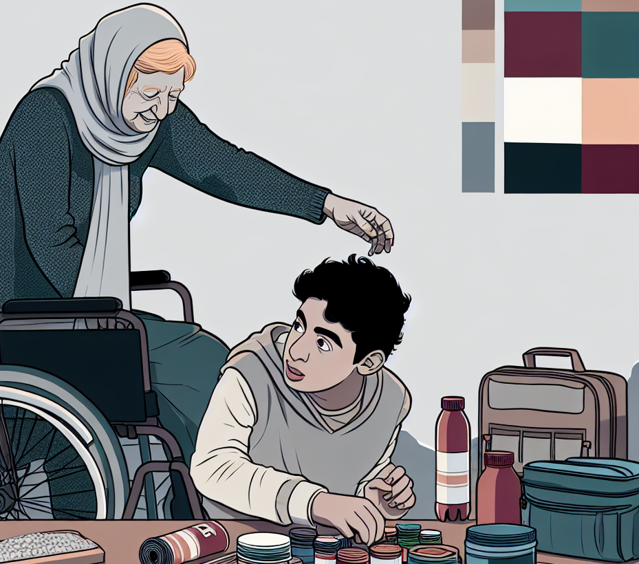 A detailed illustration depicting a determined boy in a wheelchair alongside his supportive grandmother, both assembling an emergency supply kit with various essential items spread out on the table in front of them, symbolizing preparedness and resilience.