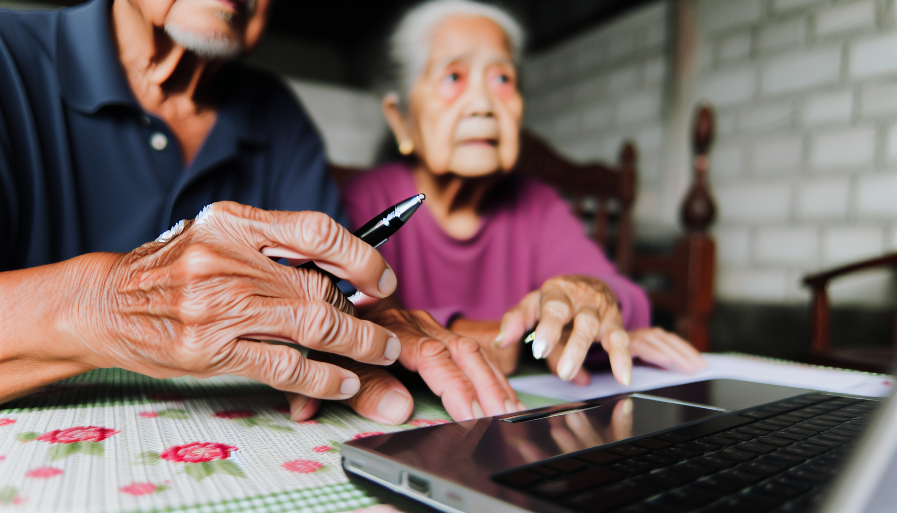 Hands of older couple making a list of disaster preparation actions in front of a laptop