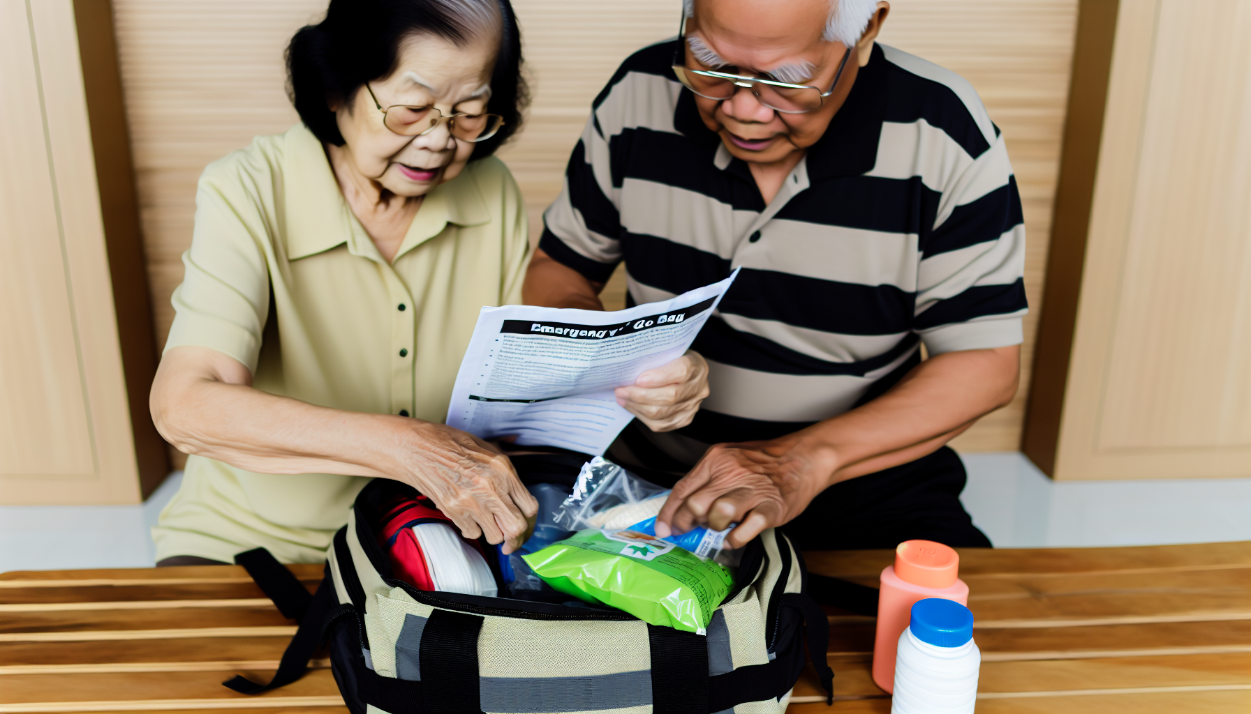 An older couple packing a go bag using a Ready publication
