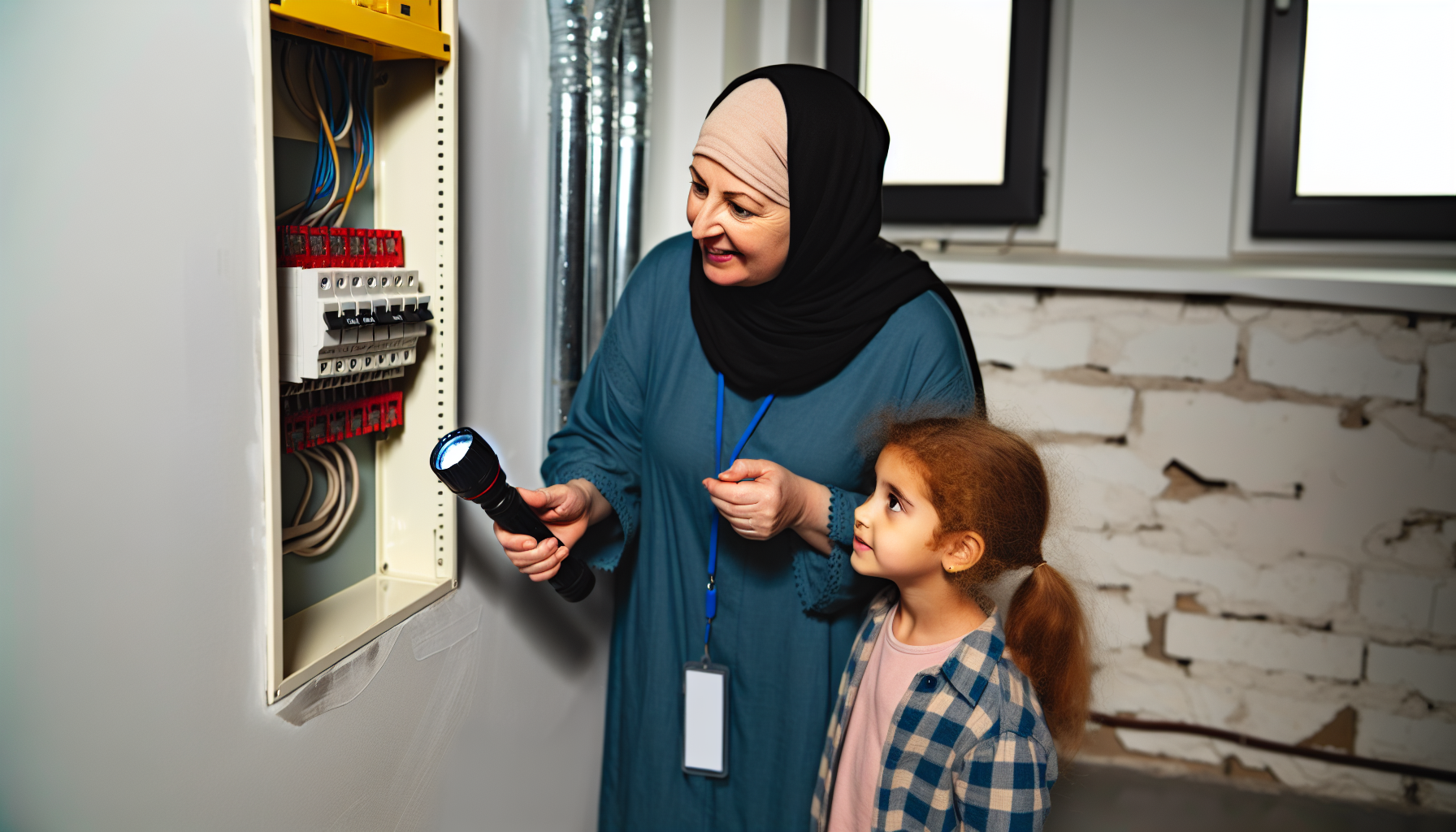 A mother shows her daughter how to turn off utilities