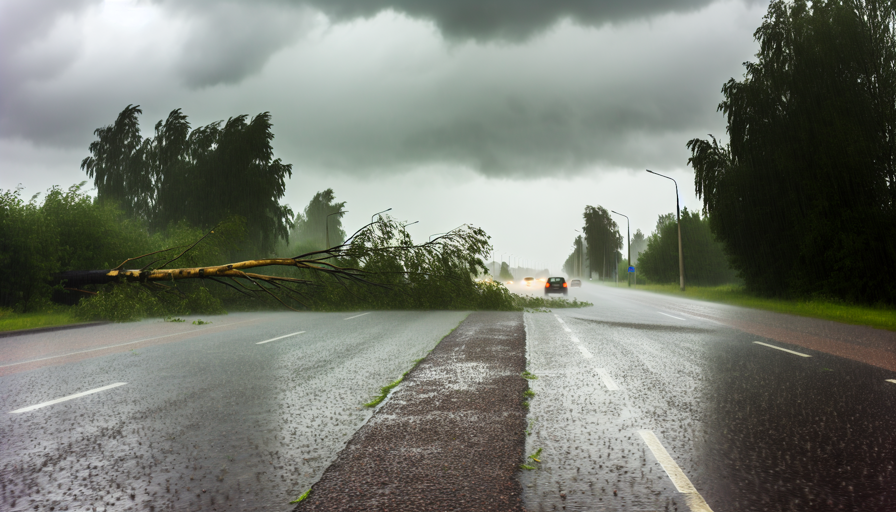 a downed tree on a rainy road