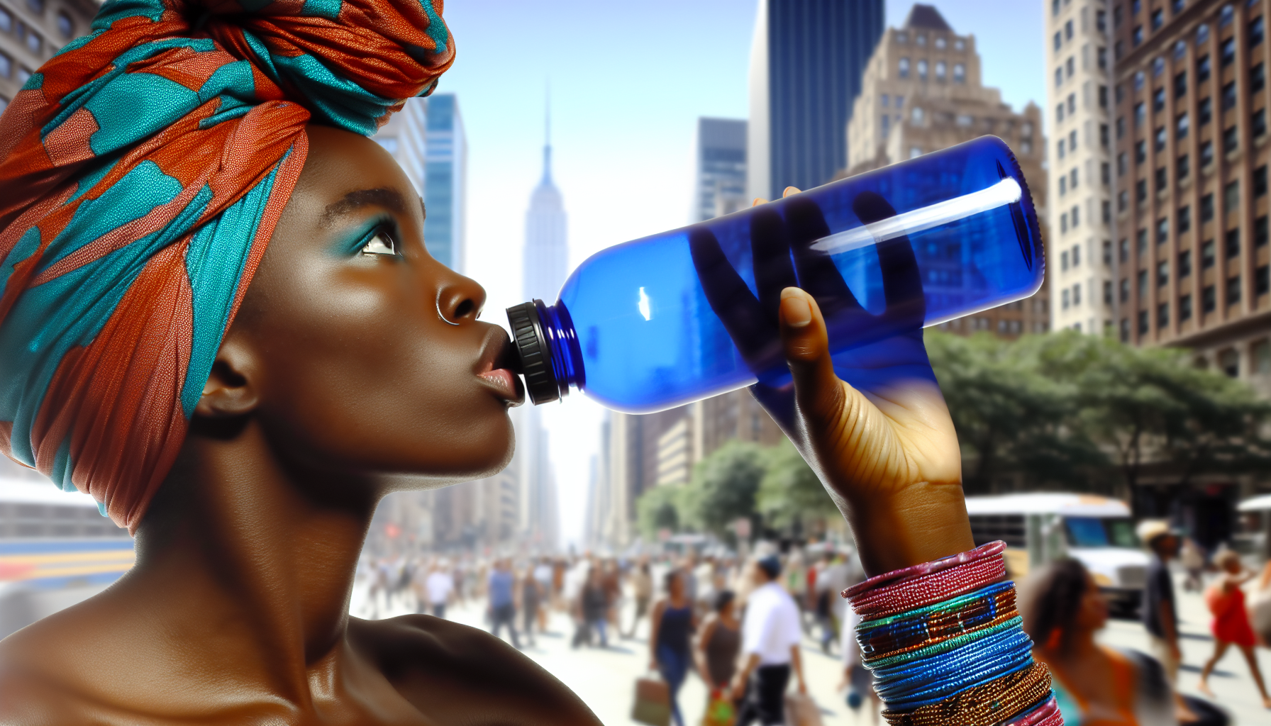 A picture of an Afircan American woman drinking from a blue water bottle in a city setting.