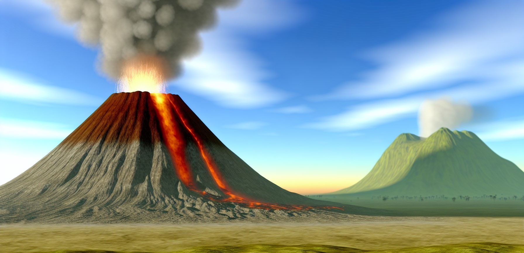 A volcano in the early stages of eruption with lava and smoke beginning to flow out of the opening