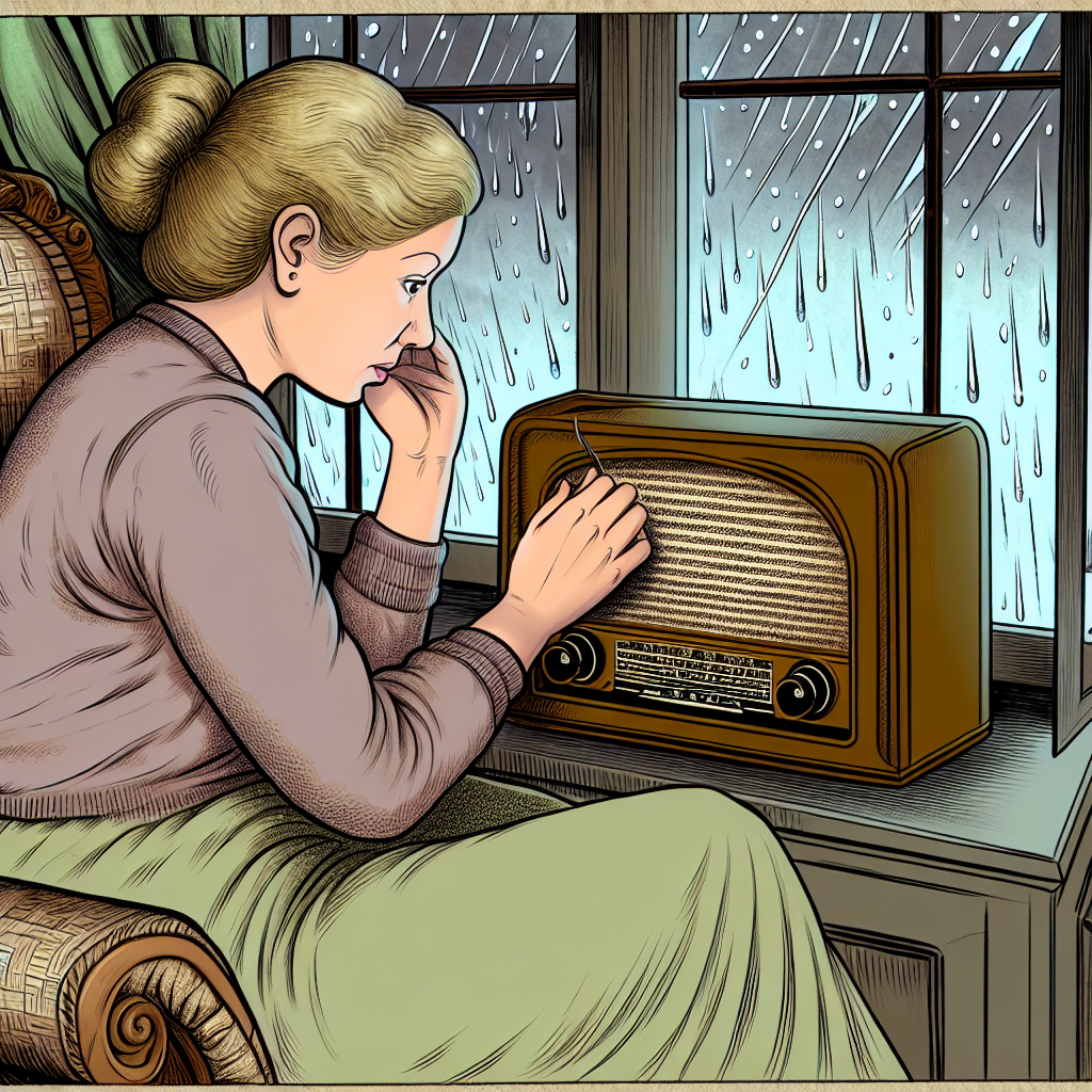A vivid illustration of a woman attentively listening to a weather radio, with the backdrop of a window showing heavy rainfall outside, emphasizing the importance of staying informed during severe weather conditions.