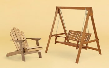 The La Redoute Theodore Adirondack-Style Garden Armchair and Ariana two-person mahogany solid wood porch swing on a yellow  background