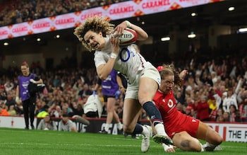 England full-back Ellie Kildunne scores a try during the Women's Six Nations match against Wales at the Principality Stadium in Cardiff on March 29, 2025