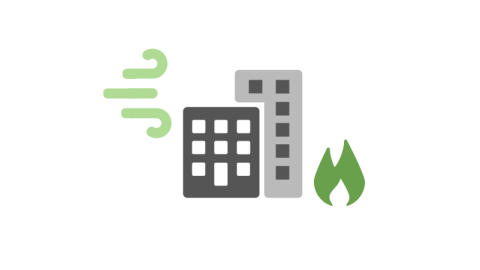 Illustration of commercial buildings with icons representing wind and fire hazards, emphasizing the need for disaster preparedness in urban settings