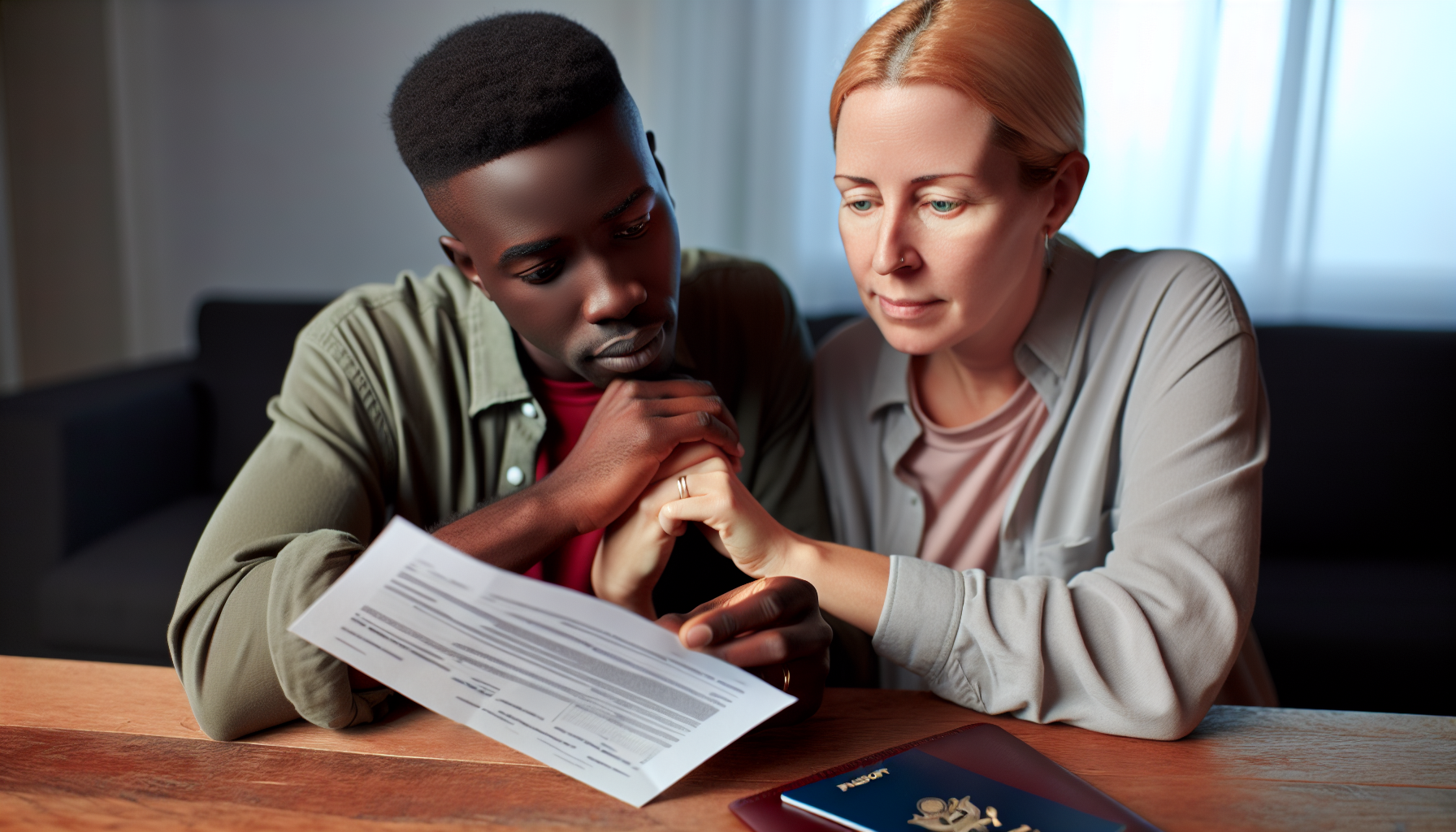 A couple looks at a document on securing documents and valuables, with their marriage license and passport on the table