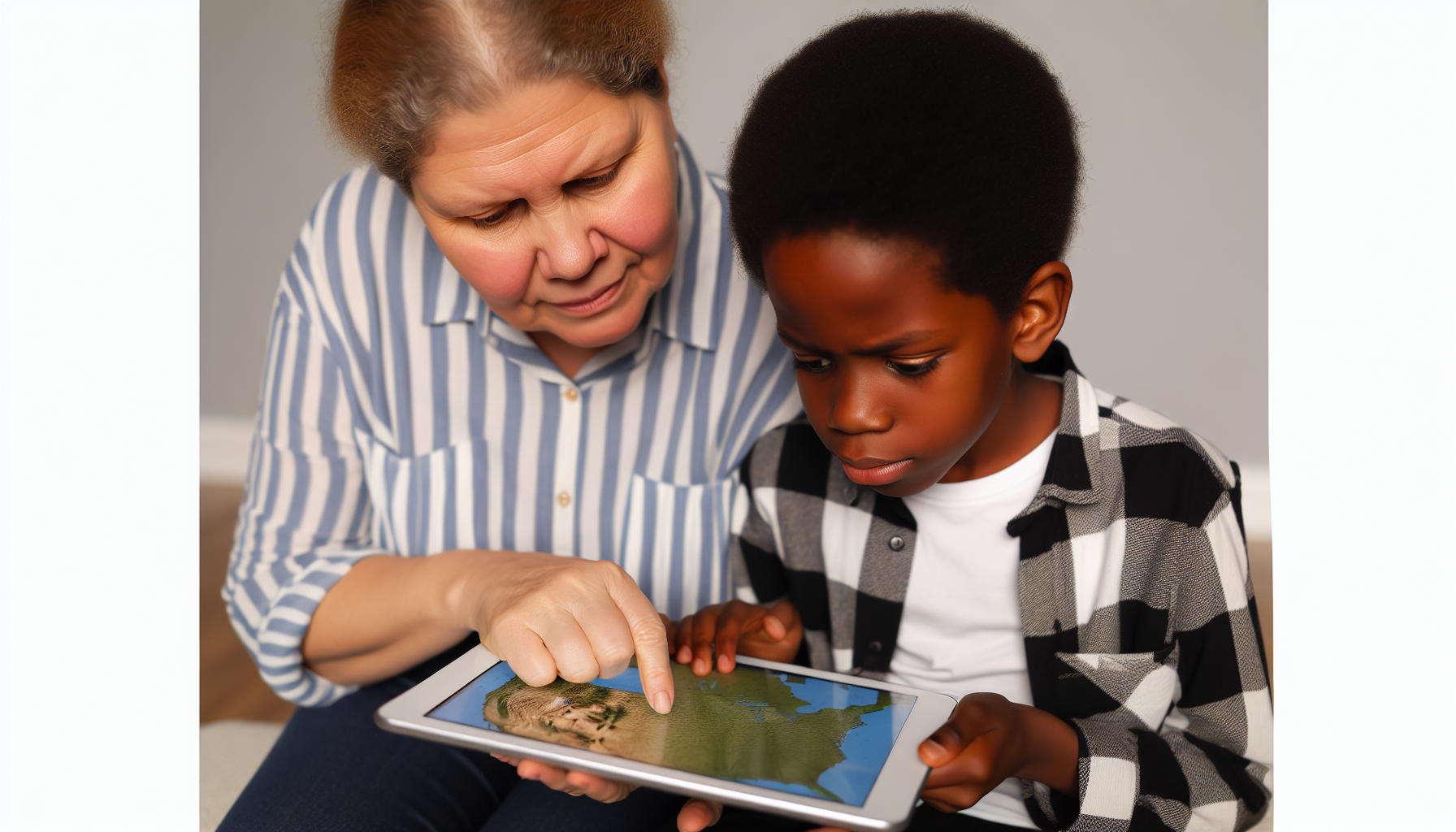 An older girl and a child are using a tablet devices to examine a map of the United States