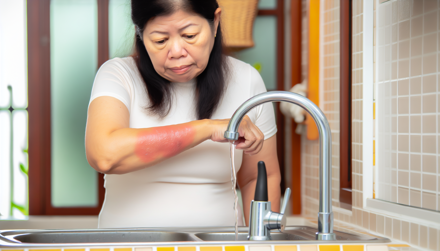 A woman holding a burn on her arm under cool water. 