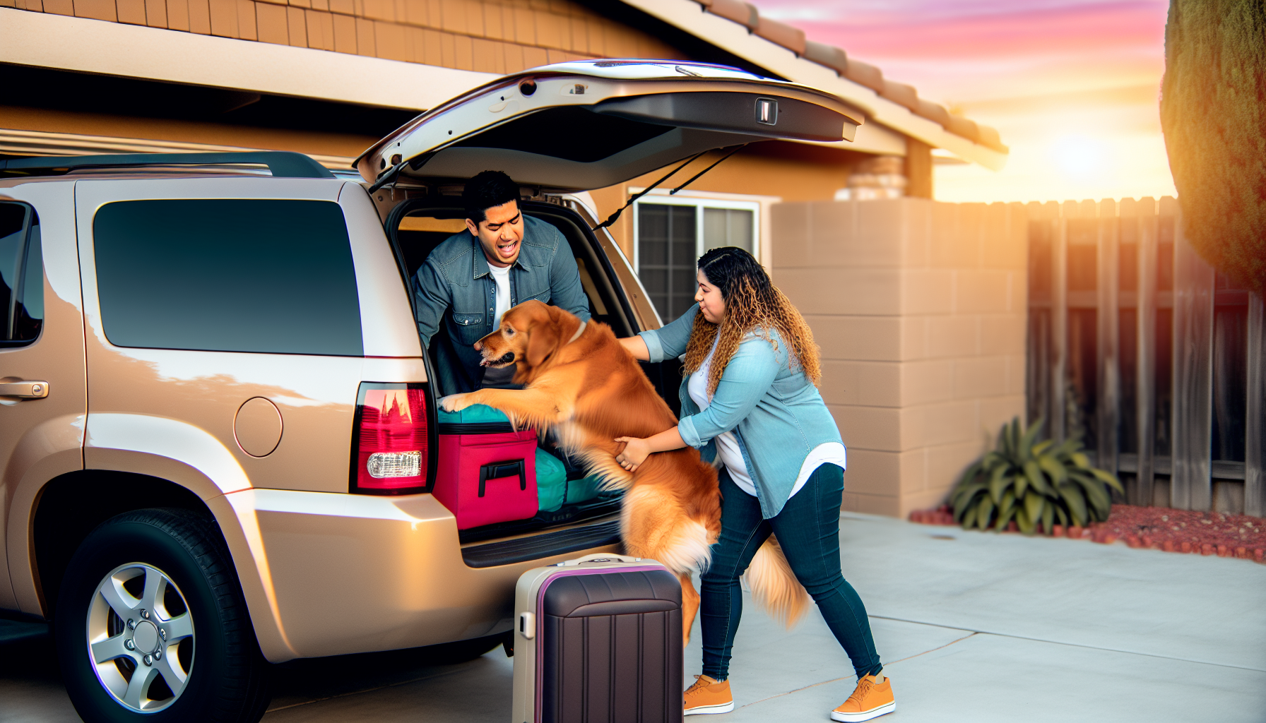 Couple putting their dog in the back of an SUV with go bags