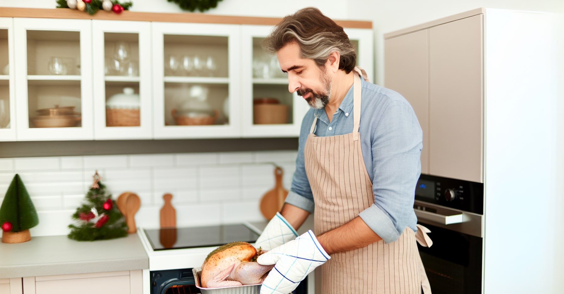 a man prepares a holiday turkey to put in the oven