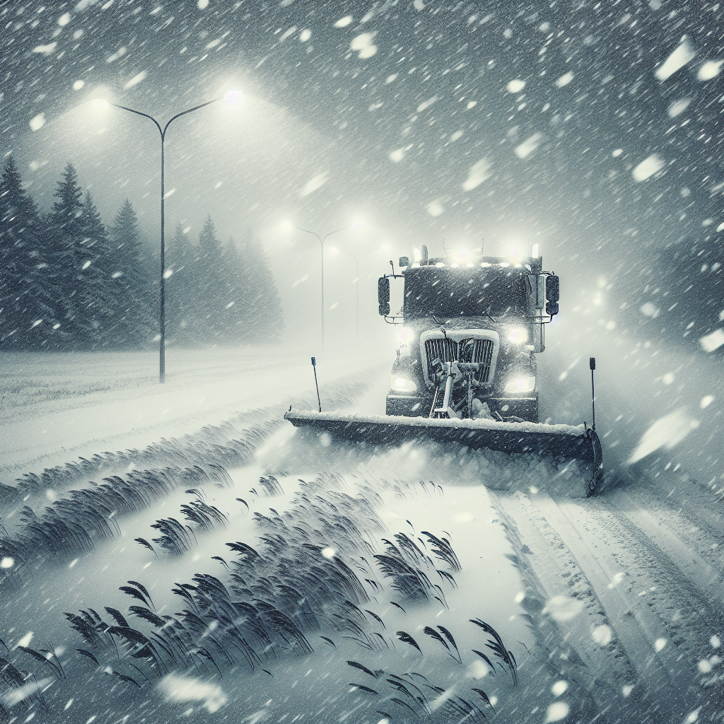 a plow clears the road during a snowstorm