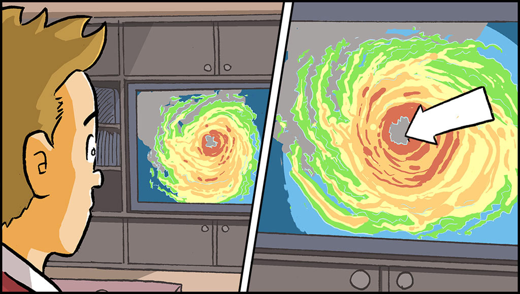 A close up of Sonny watching the satellite view of the storm. There is an arrow pointing to the eye of the storm on the satellite view. 