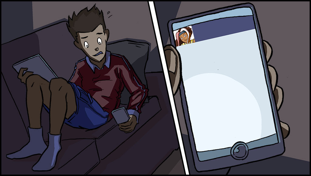 On the left, Sonny is laying on the couch, trying to call his friends. On the right, a close up of Misti's texts.  