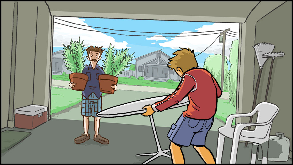 Sonny is carrying lawn tables and chairs into the garage. His dad is holding the plotted plants, bringing them into the garage as well. 